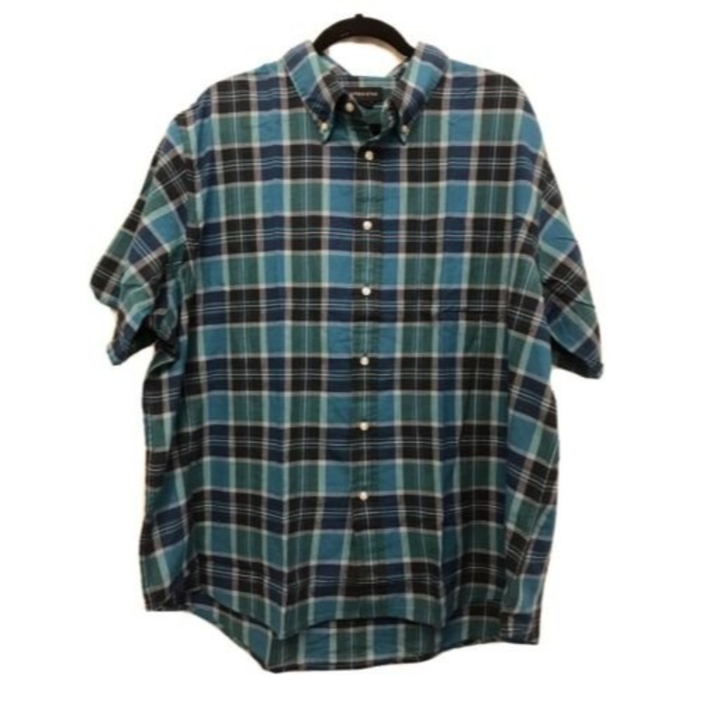 LANDS’ END Mens XXL Aqua Plaid Button Down Cotton Short Sleeve Shirt 18-18-1/2